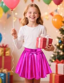 Girls Metallic Skater Skirt Sparkly Shiny Flared Pleated A-Line Mini Skort - Màu tím - Xem 4