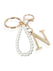 Premium Elegant Gold Pearl Letter Keychain, A-Z Alphabet 3D Pendant, Glamorous Pearl Chain With Rhinestones (Can Be Disassembled According To Personal Preference), Fashionable Alloy Keychain Ring, Earphone Pendant, Backpack Hanging Ornament, Car Keychain - Multicolor - View 12