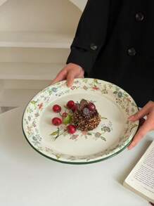 1pc Enamel Flower Pattern Plate, High-Quality Ins Style Breakfast/Dessert/Fruit Plate, Floral Design Enamel Dish For Home Use