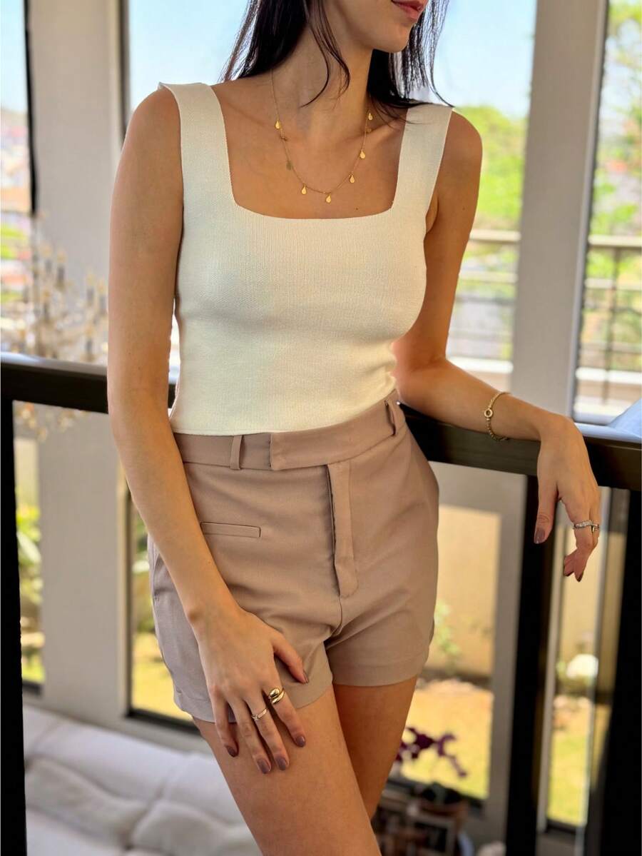 SQUARE TANK TOP SUMMER KNITTED WOMEN'S FASHION - White - View 1