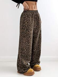 Pantalones de mujer con estampado de leopardo, estilo holgado y pierna ancha, casuales para uso diario o conjunto urbano - Leopardo - Ver 1