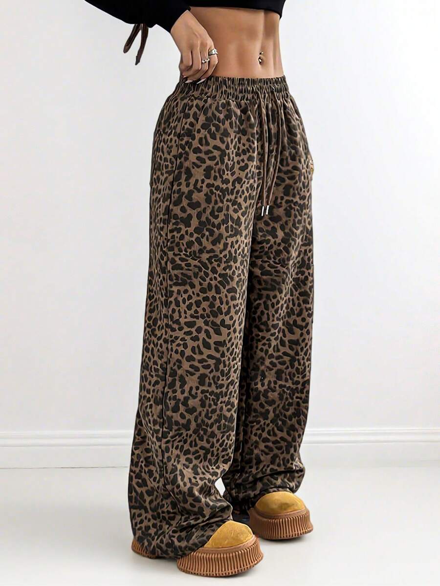 Pantalones de mujer con estampado de leopardo, estilo holgado y pierna ancha, casuales para uso diario o conjunto urbano - Leopardo - Ver 1
