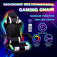Advwin Gaming Chair 12 RGB LED Massage Ergonomic Executive Office Chair Computer Racing Recliner Footrest Seat Black & White - 黑與白 - 查看 3