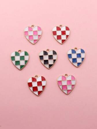 10pcs Fashionable 3D Zinc Alloy Drip Oil Checkerboard Heart Pendant Earrings Necklace Bracelet Keychain Charm DIY Jewelry Accessories