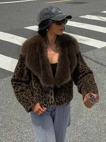 Women's Autumn And Winter Jacket, Large Fur Collar Cozy Fit Dating With Zip Leopard Print Coat - Leopard - View 1