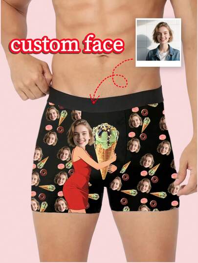 1pc Customized Men's Briefs - Personalized Face & Fun Ice Cream, Donut Prints, Customized Men's Underwear | Ideal Boyfriend Gift, Customizable Item, Men's Underwear, Men's Gift