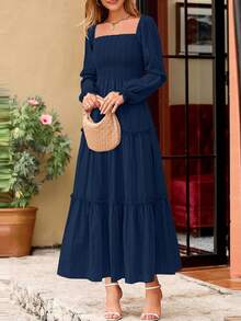 PRETTYGARDEN Women Elegant  Maxi Dresses For Fall Boho Long Sleeve Smocked A Line Ruffle  Wedding Guest Holiday Party Long Dress With Pockets New Years Valentine Vacation Spring Dresses For Women Vestidos Elegantes De Mujer - 藏蓝色 - 查看 7