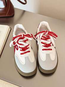 2025 Hot Selling Plus Size Women's Sneakers, 1 Pair PU Leather Sweet Bow Tie Flat Shoes, Red & White Contrast Color Versatile Breathable Casual Sneakers For Women, All Season. Please Refer To Size Chart As The Shoes Run Small. - Red - View 5