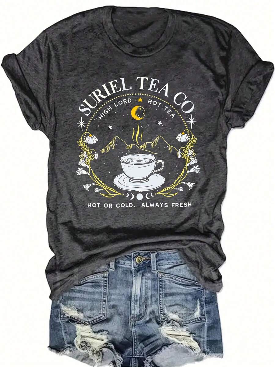 Women's Round Neck Short Sleeve T-Shirt - 深灰色 - 查看 1