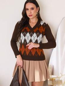 Women's Blouse, Scottish Plaid Knit Sweater, V-Neck Knit - Rust Brown - View 4