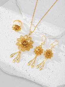 时尚甜美女士首饰套装，项链吊坠耳环戒指，24K 铜镀金，适合婚礼首饰、母亲礼物首饰 - 金黃色 - 查看 8