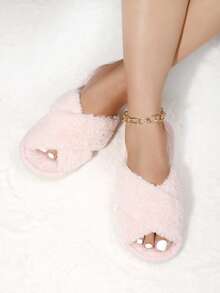 Fall/Winter Women's Fashion Dual Strap Fluffy Faux Fur Slippers, Soft Lightweight Indoor Home Slippers, Quiet Carpet Slippers - Pink - View 4