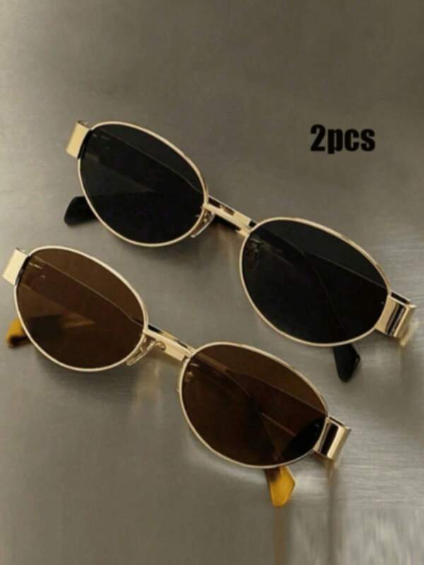 2pcs Women's Metal Frame Oval Shaped Fashion Eyeglasses, Suitable For Daily Use And Outdoor Activities
