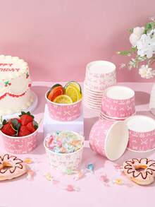 10pcs 8oz White Disposable Paper Bowls, Ice Cream Cups, Popcorn Boxes, Food Containers With Bow Print, Suitable For Home Kitchen, Restaurant Takeout, Picnic, Party, Kitchen Supplies, Food Packaging, White Background With Bow Print, Birthday Party Tableware, Food Delivery And Daily Use, Food Trays, Disposable Dinnerware - White Background With Full Bow - View 4