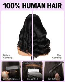 MEGALOOK 6"X5" Glueless Human Hair Wig, 100% Real Hair Pre-Cut Pre-Styled 12A Grade Salon Quality Soft Wavy Closed-Cap Wig, 200% Density Bleached Knots - Black - View 5