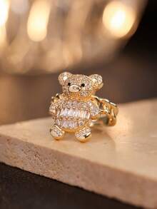 1 Peça Anel Pingente de Urso Cartoon Fofo e Cintilante - Joia Animal Requintada - Para Meninas - Presente Perfeito para Amigos