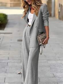 女士春秋季薄款格子套装，定制外套和阔腿裤，优雅时尚两件套办公服饰