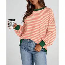 Womens Oversized Striped Sweatshirt Crewneck Long Sleeve Pullover Top Casual Y2K Spring Clothes 2026 Workout Shirt,Vacation Outfits Women,Valentine Outfits For Women,Street Photography - 淺橙杏色 - 查看 7