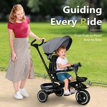 Kinder King Kids Tricycle, 8 In 1 Folding Toddler Trike W/Adjustable Push Handle, Rotatable Seat, Adjustable Canopy, Bell, Five-Point Harness, Storage, Toddler Bike, Gray - Grey - View 2
