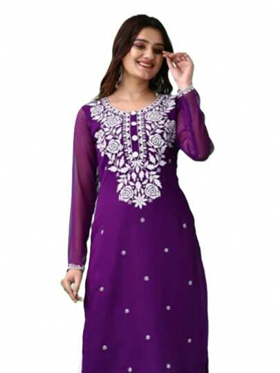 Estationeryhouse Women's Georgette Lucknowi Chikankari Kurti, Rose Design With Heavy Embroidery, Without Bottom(Purple)