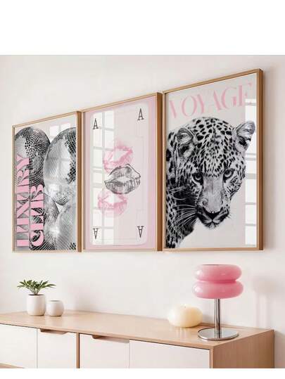 3pcs Leopard Cheetah Wall Art Picture 8 Ball Lucky Prints Canvas Paintings Pink Girly Posters Preppy Chic Luxury Decor For Bedroom, Living Room, Or Dorm Room Decor Gift For Her Unframed