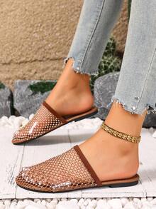 Women's Flat Sandals With Hollow Rhinestones, 2025 New Summer Fishnet Beach Vacation Non-Slip Slip-On Sandals, Black & Apricot, Plus Size, Fashionable, Elegant, Glamorous For Music Festival, Punk, Stylish, Sexy