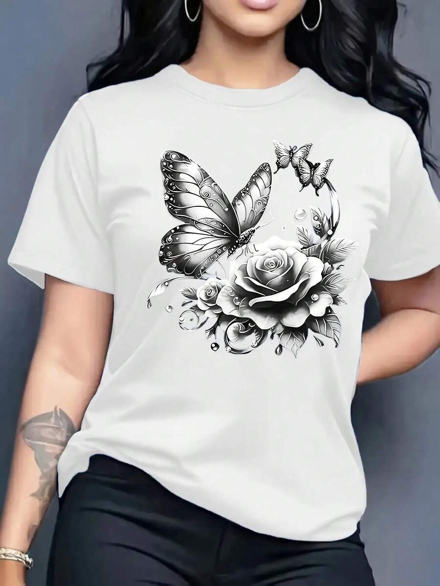 Spring Tops Fashion Letter Print Women's Round Neck Pure Cotton T-Shirt Simple Design, Comfortable And Breathable, Suitable For Daily Casual Wear, Versatile, Shows Natural And Elegant Style, Summer Party Essential, Local Delivery Loose And Comfortable Summer - 白色 - 查看 1