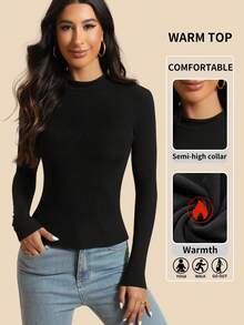1 peça, blusa de manga comprida com forro térmico, gola falsa, cor sólida, casual, slim fit, versátil, adequada para agasalhos, esportes, ioga - Preto - Ver 2