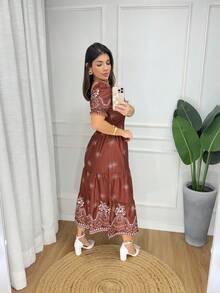 Women's Elegant Printed Midi Dress All-Over Print Floral Leaf Fabric Ruched Embroidery Daily Dress SUMMER - Rust Brown - View 3