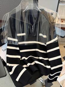 秋冬新款时尚拉链女条纹针织毛衣简约百搭长袖上衣