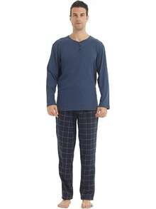 Pajamas For Men Set Long Sleeve Henley Microfleece Shirt Plaid Flannel Pants Comfy Pjs Sleepwear Plush Loungewearhalloween - Navy+Navy - View 1