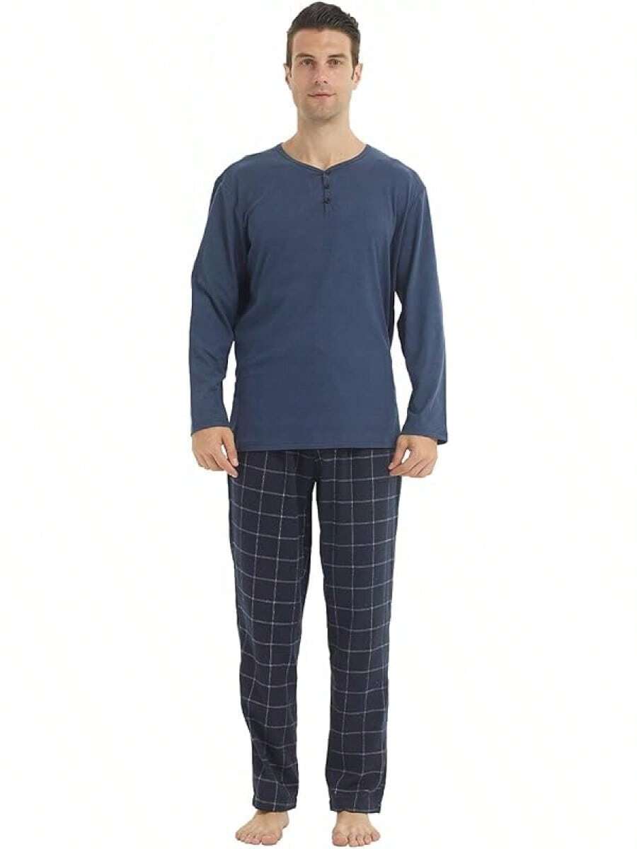 Pajamas For Men Set Long Sleeve Henley Microfleece Shirt Plaid Flannel Pants Comfy Pjs Sleepwear Plush Loungewearhalloween - Navy+Navy - View 1