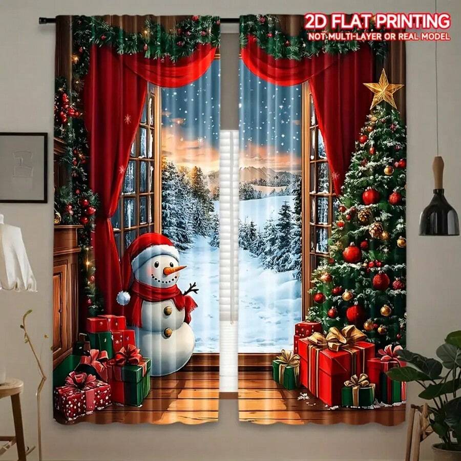 2 piezas Cortinas navideñas con escena de Papá Noel y muñeco de nieve, fondo de madera rústica, diseño de árbol de Navidad y regalo - Poliéster semi-transparente, con ojales para varilla, adecuado para fiestas navideñas y celebraciones de invierno, decoración navideña