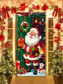 1 bandeira decorativa de porta com tema natalino, 78 x 156 cm, estilo retrô plano 2D, tema de boneco de neve, tema de Papai Noel entregando presentes, bandeira de porta de poliéster "Feliz Natal", capa de porta de Natal, adequada para decoração de entrada de feriados de Natal, decoração de casa e quintal de inverno, bandeira de festival de Natal - Multicolorido - Ver 16