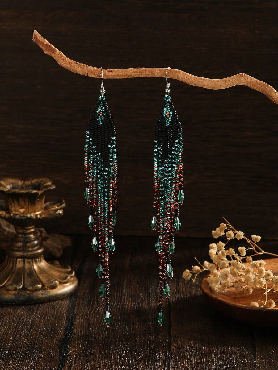 SOUL BEADING Hoa tai tua rua đính hạt thủ công theo phong cách Boho | Hạt hình giọt nước chuyển màu | Phụ kiện thời trang phù hợp cho kỳ nghỉ và tiệc tùng - Hoa tai tua rua đính hạt thủ công - Xem 1
