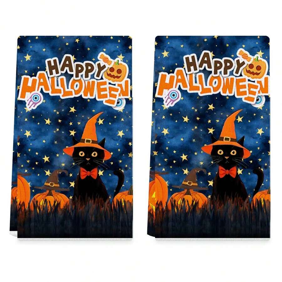 Set de 2 toallas de cocina de Halloween, 40cm*60cm - Toallas de cocina con temática de Halloween con estampados de cielo estrellado azul, gato negro y calabaza, adecuadas para la decoración del hogar en días festivos, toallas de platos de poliéster, excelentes para el hogar, el baño y la decoración de fiestas