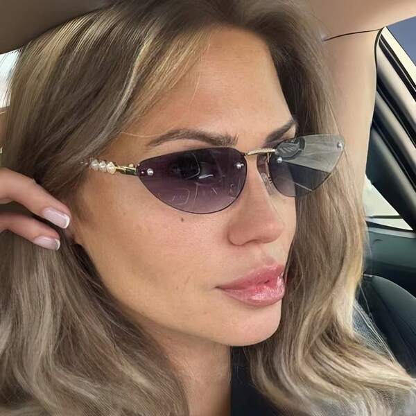 1 Pair Women's Pearl Decor Cat Eye Metal Frameless Glasses Cat Eye Shape Women Fashion Glasses Shades