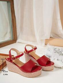 2025 夏季新款韩版时尚厚底坡跟系带露趾优雅防水凉鞋 - 紅色 - 查看 6