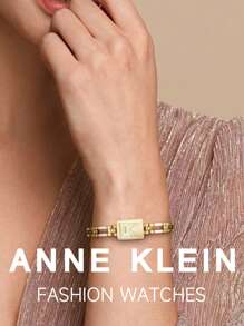 Anne Klein Women's Gold-Tone Quartz Bracelet Watch With Square Light Champagne Sunray Dial Watch For Women Luxury Analog Watch With Adjustable Bracelet Wactch Ladies' Elegant Gift Watch