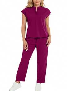 cimmuovere 大码立领无袖宽松上衣和裤子制服套装