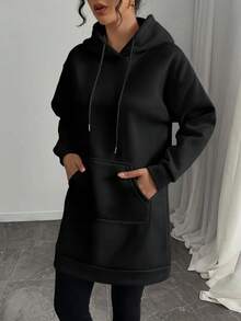 女士休闲连帽连衣裙 - 浅米色，长袖，带前袋和抽绳，涤纶混纺，可机洗 - 百搭四季穿着