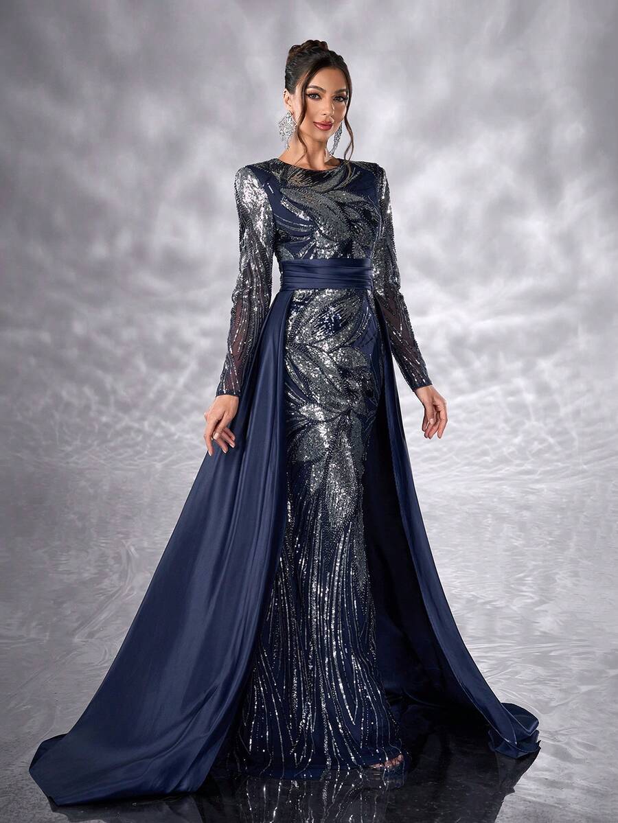 YISIKADO 花卉亮片图案奢华女士正式晚礼服舞会长袖端庄圆领撞色缎面婚礼宾客生日舞会派对宴会毕业晚宴仪式礼服