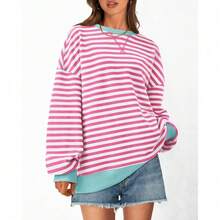 Womens Oversized Striped Sweatshirt Crewneck Long Sleeve Pullover Top Casual Y2K Spring Clothes 2026 Workout Shirt,Vacation Outfits Women,Valentine Outfits For Women,Street Photography - Pink White - 查看 3