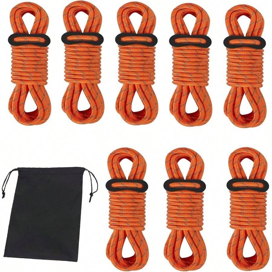 8 PCS Reflective Tent Guy Ropes With Aluminium Tensioner 4MMx4M Heavy Duty Paracord Camping Rope Kit For Tent Tarp Hammock Outdoor Survival Gear Windproof Guide Ropes With Storage Bag Orange