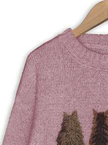 Áo len chui đầu dệt kim rộng rãi họa tiết mèo Colorblock - Màu tím - Xem 6