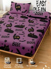 1 pieza Sábana ajustable con estampado de calabaza y gatito, suave y transpirable, diseño de bolsillo profundo, protector de colchón transpirable y anti-pelusas, a prueba de polvo y antideslizante para todas las estaciones, se ajusta a colchones de tamaño individual/doble/queen/king, lavable a máquina