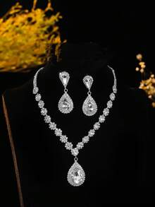 復古宮廷閃爍水晶鑽石項鍊耳環套裝，婚禮派對珠寶3合1 - 銀色 - 查看 11