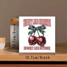 Decorative Sign Retro Sweet Like Cherries, Spooky Like October, Spooky Cherry Halloween Bow For Office Decor, Halloween Skull Cherry Png Design For Bedroom Wall Decor, Ideal As Birthday Gifts For Women And Unique Home Decor For Living Room, Perfect For Halloween And Birthday Celebrations