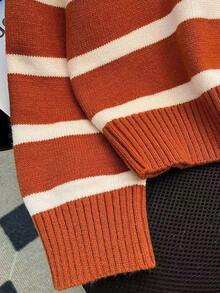 秋冬新款拉链女条纹针织毛衣，时尚简约套头衫，百搭 - 橘色 - 查看 6