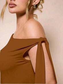 Women's Bodysuit With Tie Bow And Asymmetrical Neckline, Sleeveless, Ideal For Romantic Dates, Casual, Vacation And Summer - 鏽棕色 - 查看 5